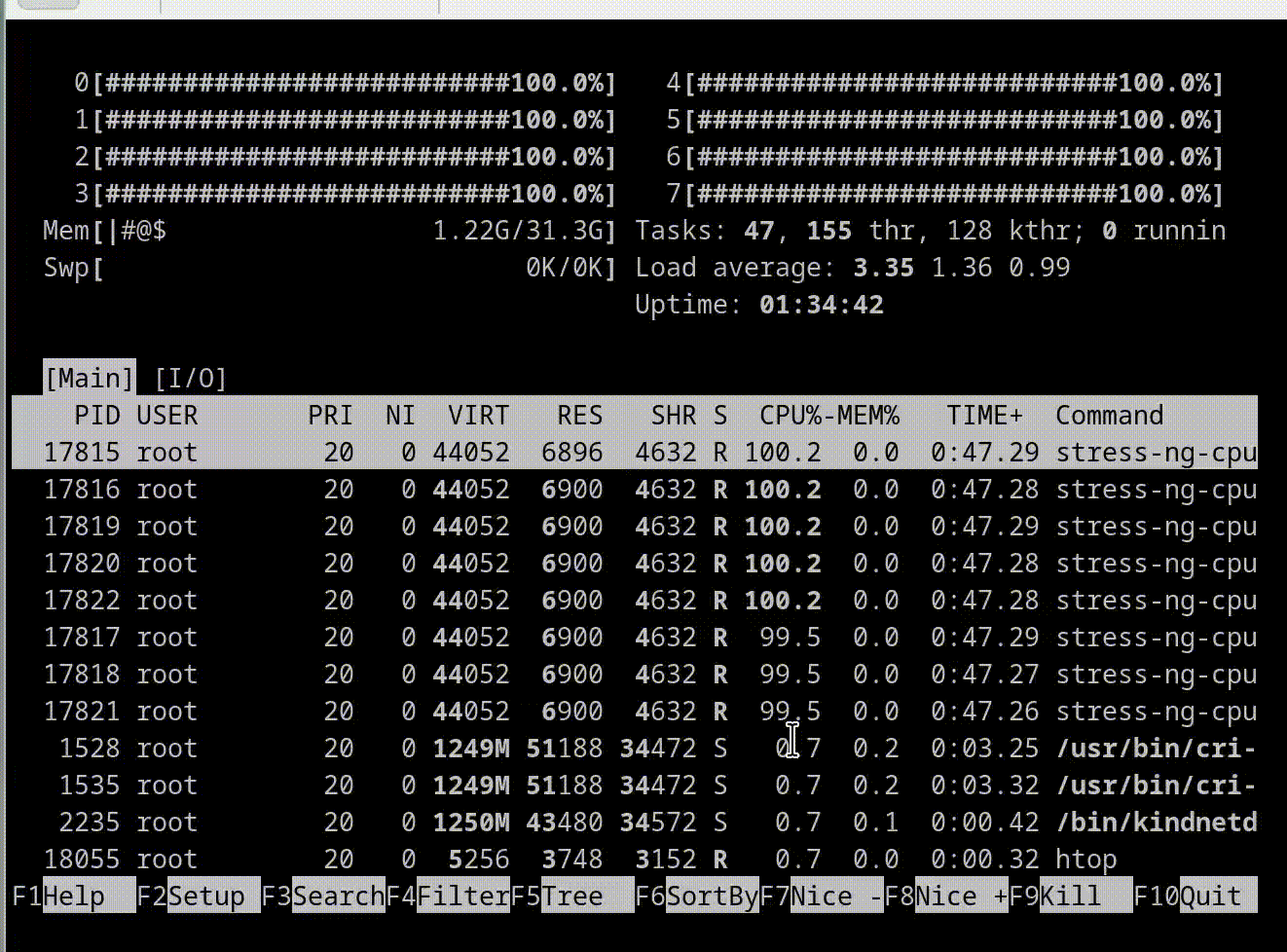Example of stress-ng cpu-load duty cycle working. The htop animation
